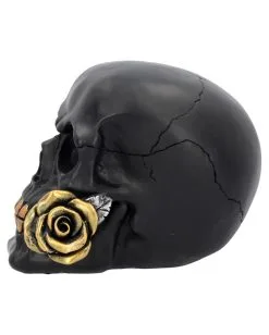 Schwarzer Totenschädel Mit Goldener Rose 15cm -Halloween Geschäft schwarzer totenkopf mit goldener rose black skull with golden rose gothic deko gothic totenkopf 54621 03